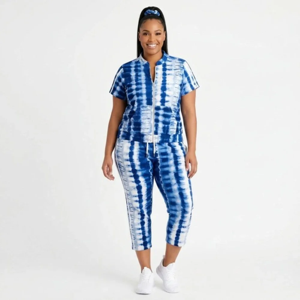 Ashley Sport Women Blue Tie Dye Tracksuit Set Zip Jacket Cropped Joggers 10/12